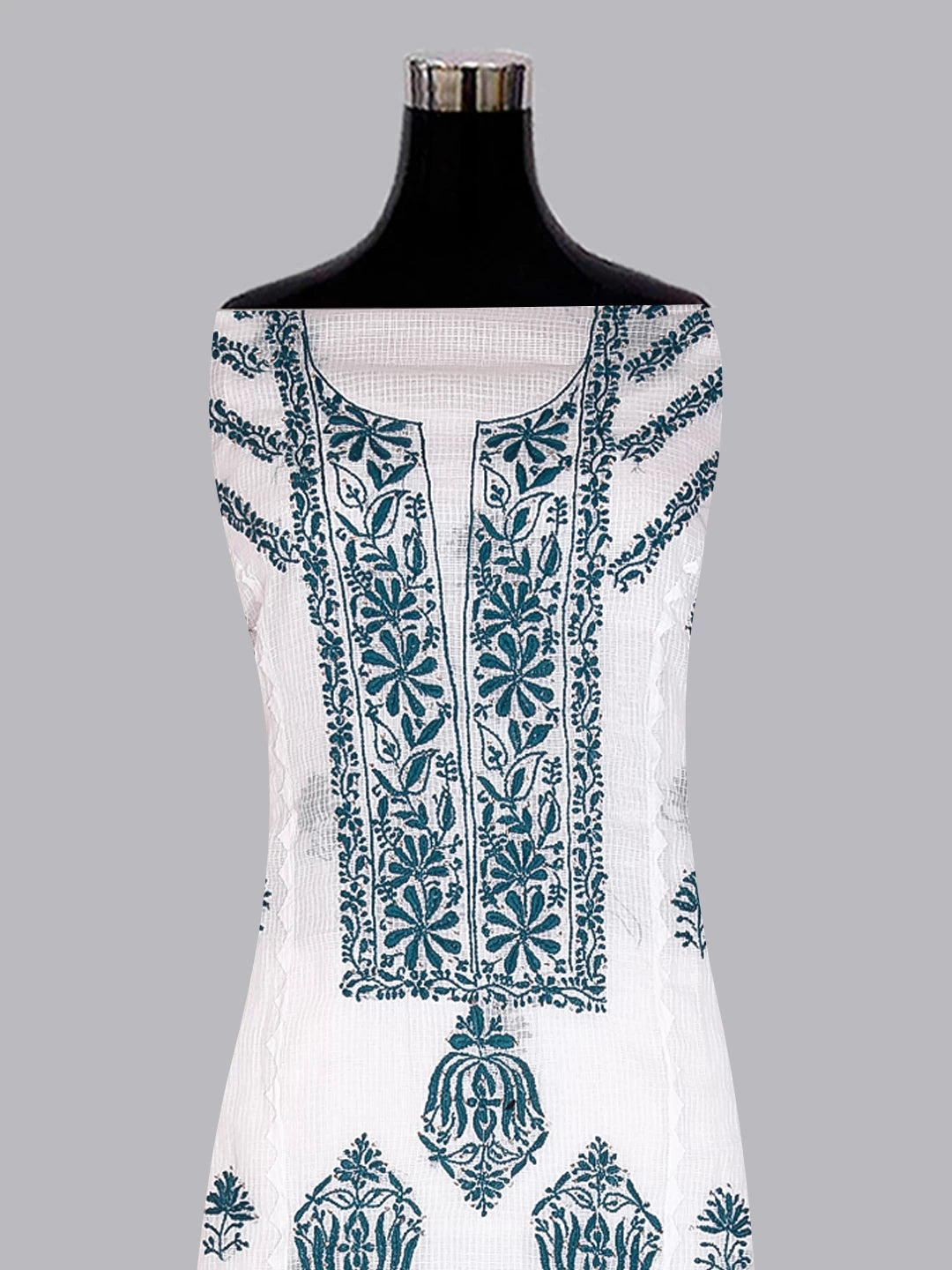 Ada Hand Embroidered White Kota Cotton Lucknowi Chikankari Semi Stitched Kurta Dupatta Set With Mukaish Work 01A399933