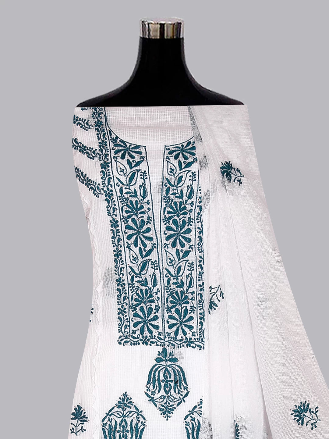 Ada Hand Embroidered White Kota Cotton Lucknowi Chikankari Semi Stitched Kurta Dupatta Set With Mukaish Work 01A399933
