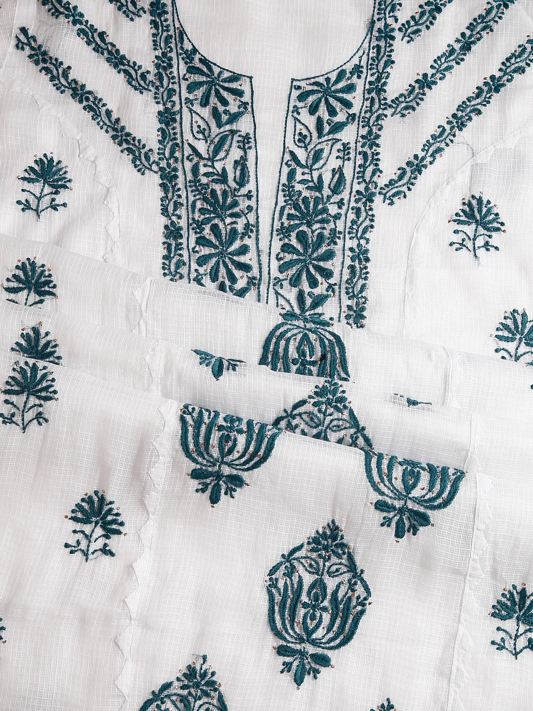 Ada Hand Embroidered White Kota Cotton Lucknowi Chikankari Semi Stitched Kurta Dupatta Set With Mukaish Work 01A399933