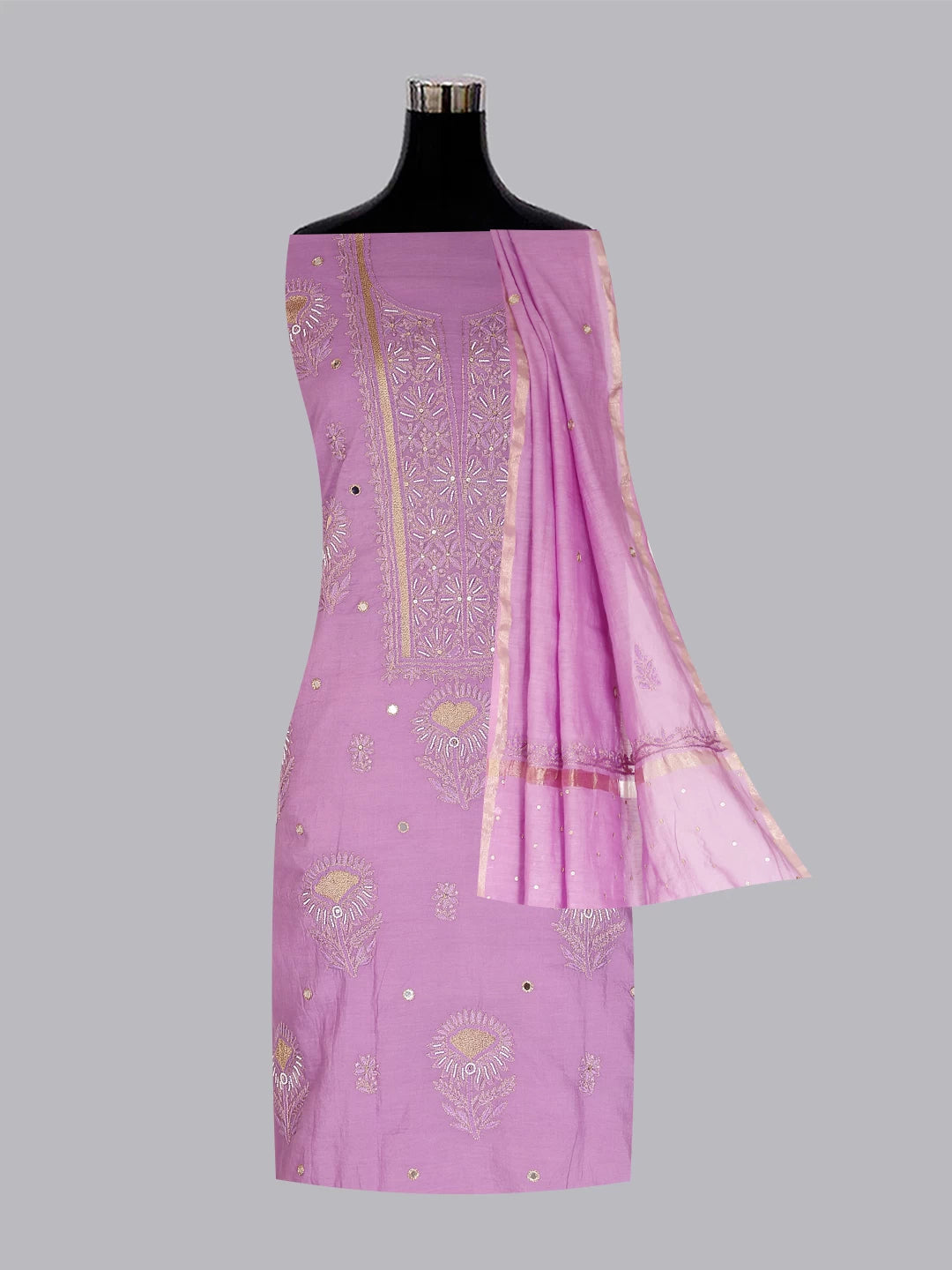 Ada Hand Embroidered Mauve Chanderi Lucknowi Chikankari Unstitched Kurta Dupatta Set With Pearl Work 01A301816