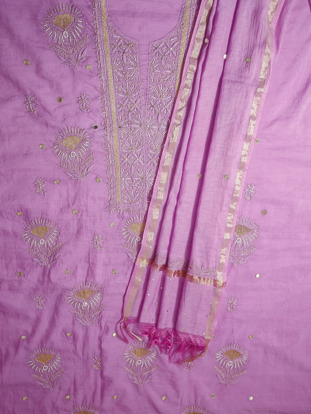 Ada Hand Embroidered Mauve Chanderi Lucknowi Chikankari Unstitched Kurta Dupatta Set With Pearl Work 01A301816