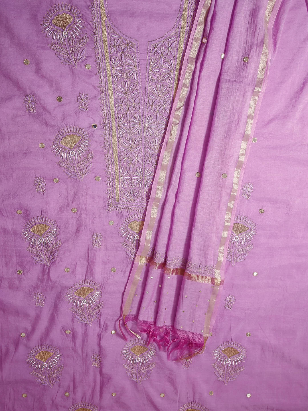 Ada Hand Embroidered Mauve Chanderi Lucknowi Chikankari Unstitched Kurta Dupatta Set With Pearl Work 01A301816