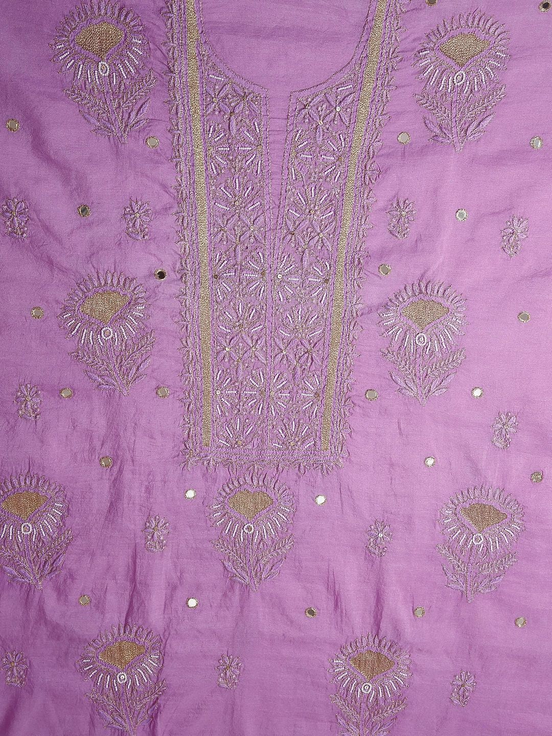 Ada Hand Embroidered Mauve Chanderi Lucknowi Chikankari Unstitched Kurta Dupatta Set With Pearl Work 01A301816