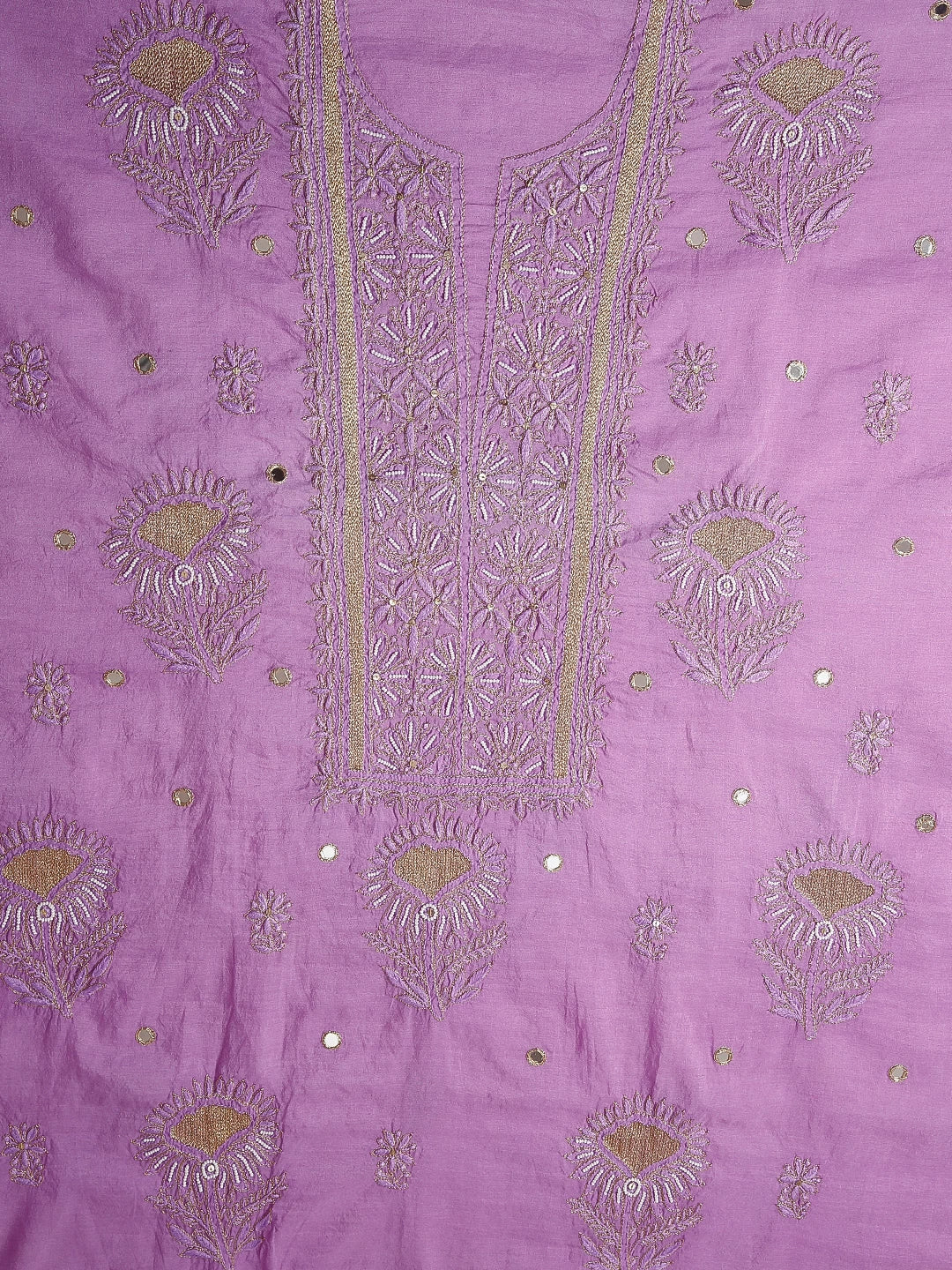 Ada Hand Embroidered Mauve Chanderi Lucknowi Chikankari Unstitched Kurta Dupatta Set With Pearl Work 01A301816