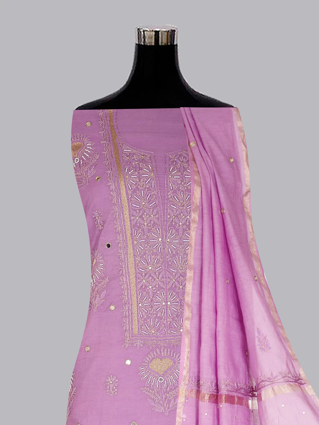 Ada Hand Embroidered Mauve Chanderi Lucknowi Chikankari Unstitched Kurta Dupatta Set With Pearl Work 01A301816