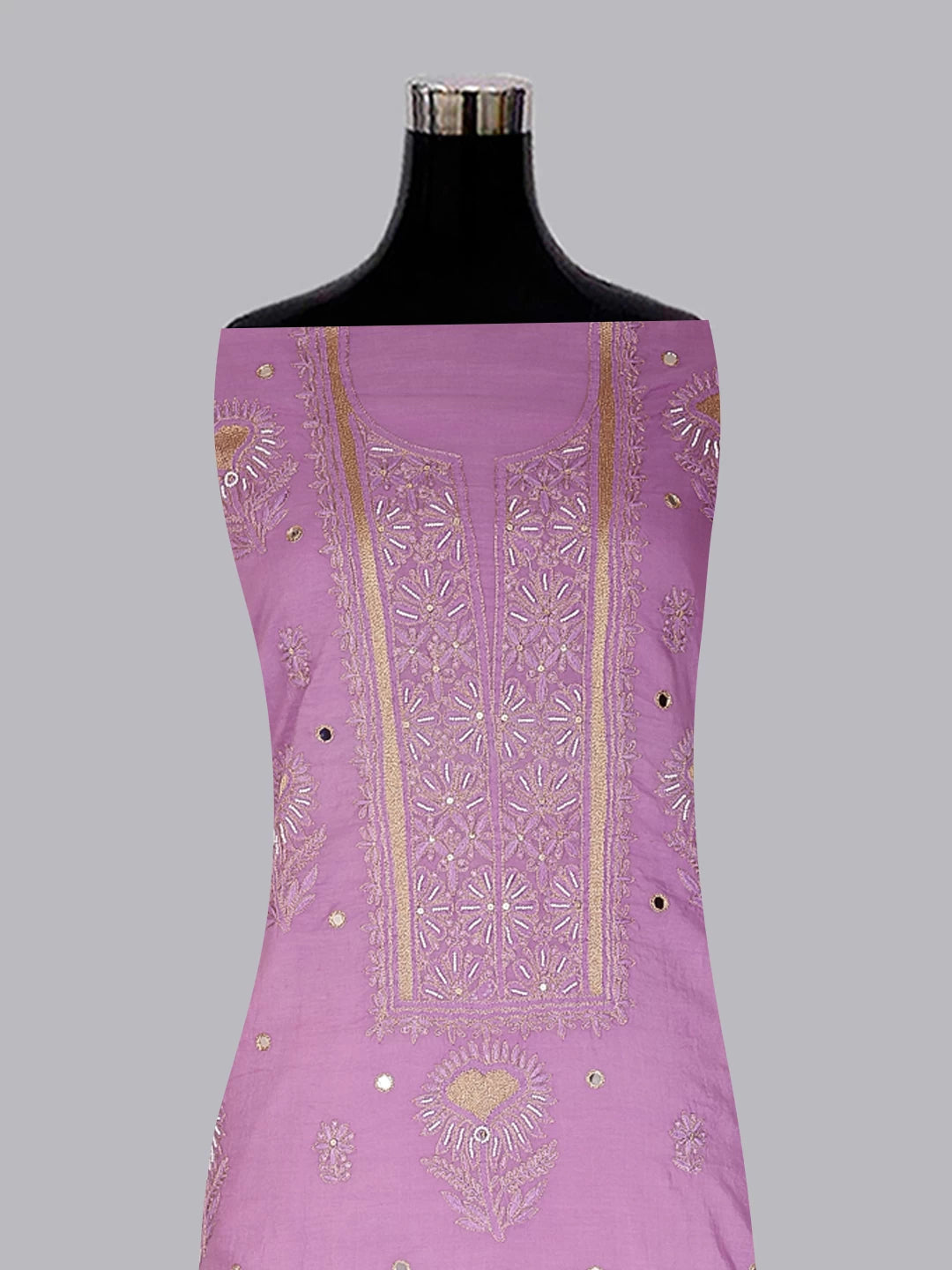 Ada Hand Embroidered Mauve Chanderi Lucknowi Chikankari Unstitched Kurta Dupatta Set With Pearl Work 01A301816