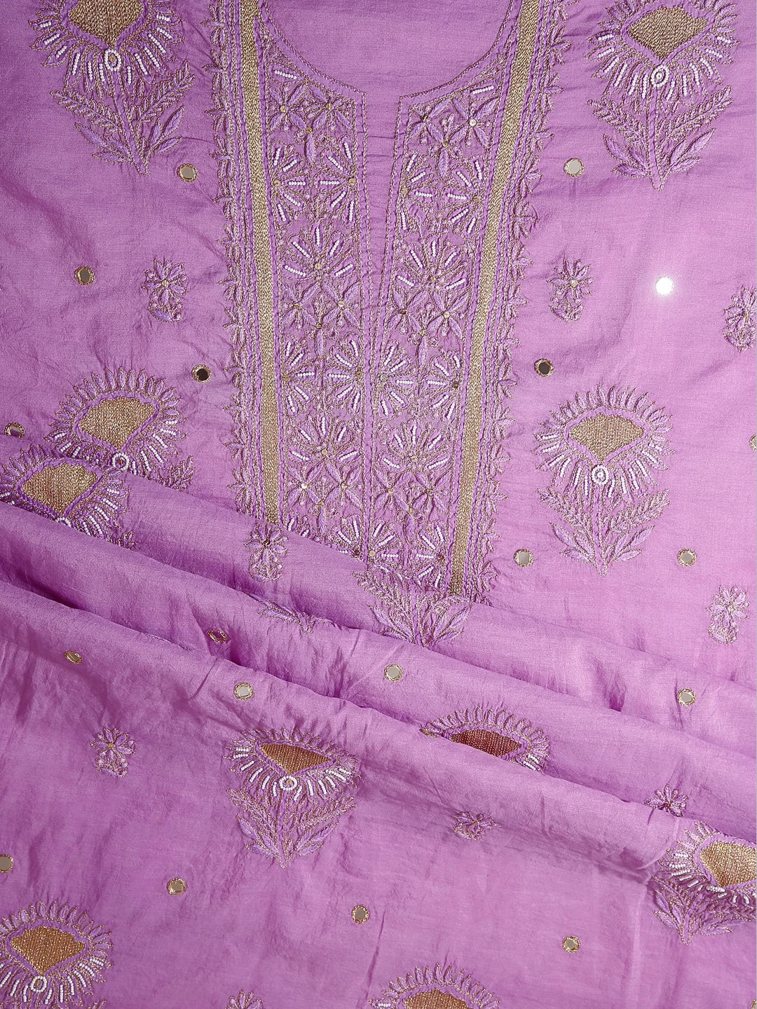 Ada Hand Embroidered Mauve Chanderi Lucknowi Chikankari Unstitched Kurta Dupatta Set With Pearl Work 01A301816