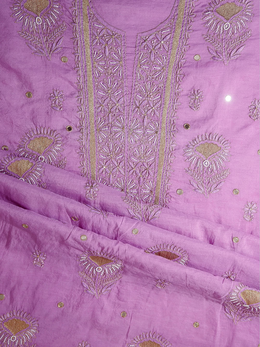 Ada Hand Embroidered Mauve Chanderi Lucknowi Chikankari Unstitched Kurta Dupatta Set With Pearl Work 01A301816
