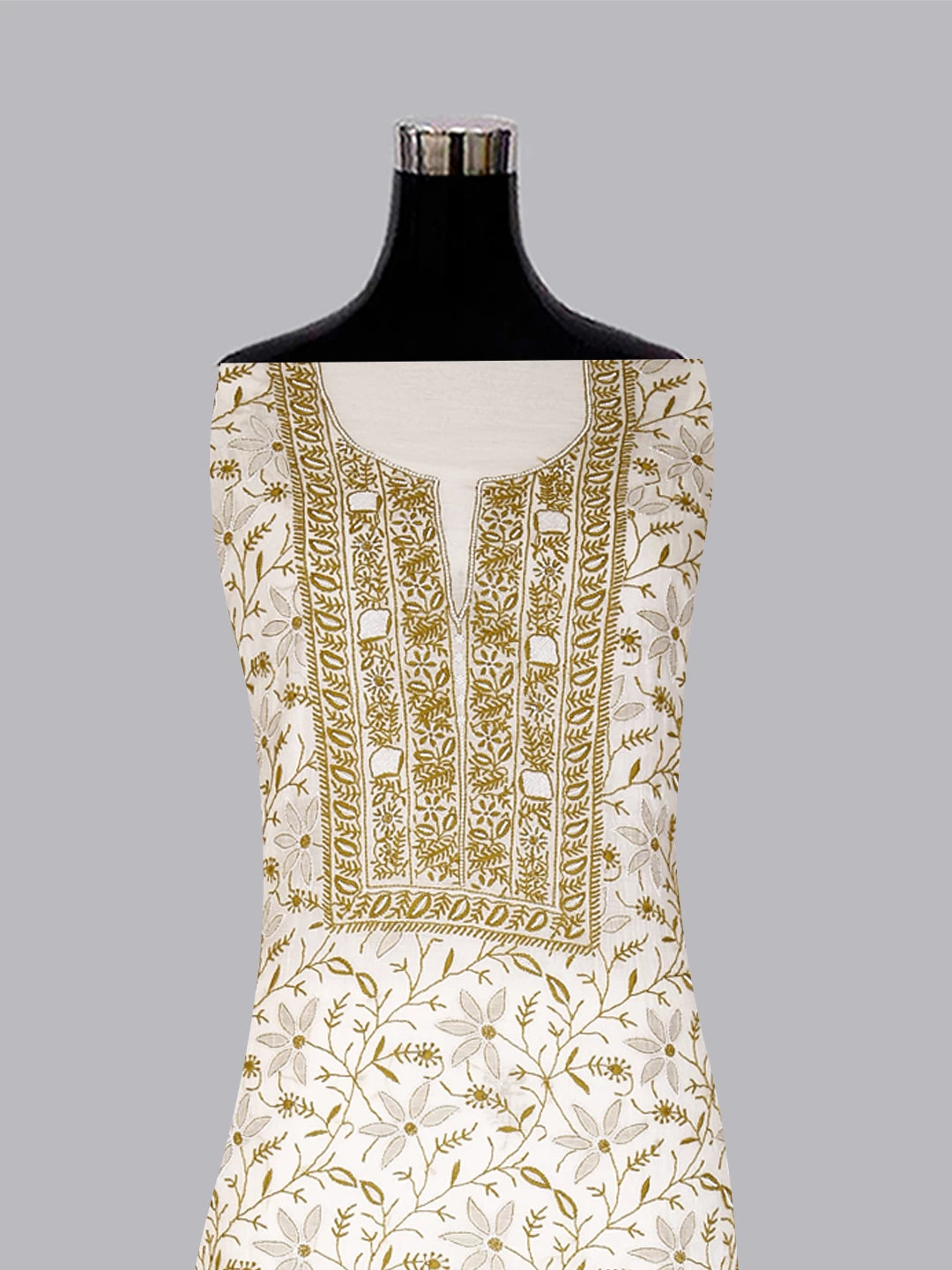 Ada Hand Embroidered Off White Chanderi Lucknowi Chikankari Unstitched Kurta Dupatta Set With Cutdana Work 01A445231