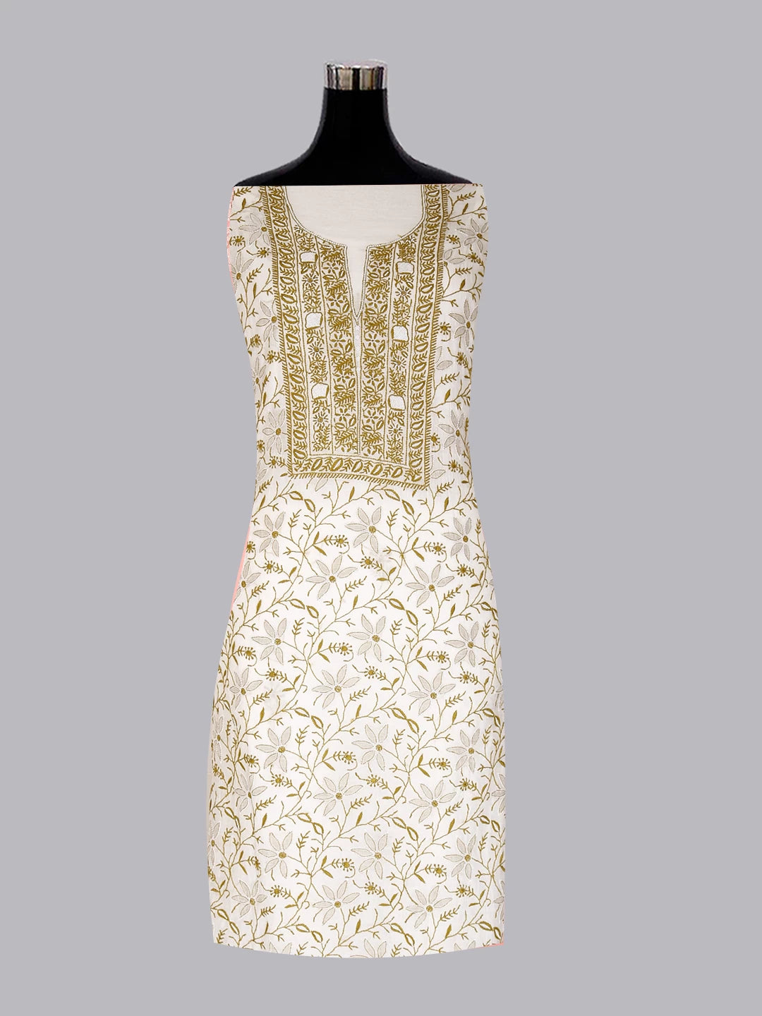 Ada Hand Embroidered Off White Chanderi Lucknowi Chikankari Unstitched Kurta Dupatta Set With Cutdana Work 01A445231