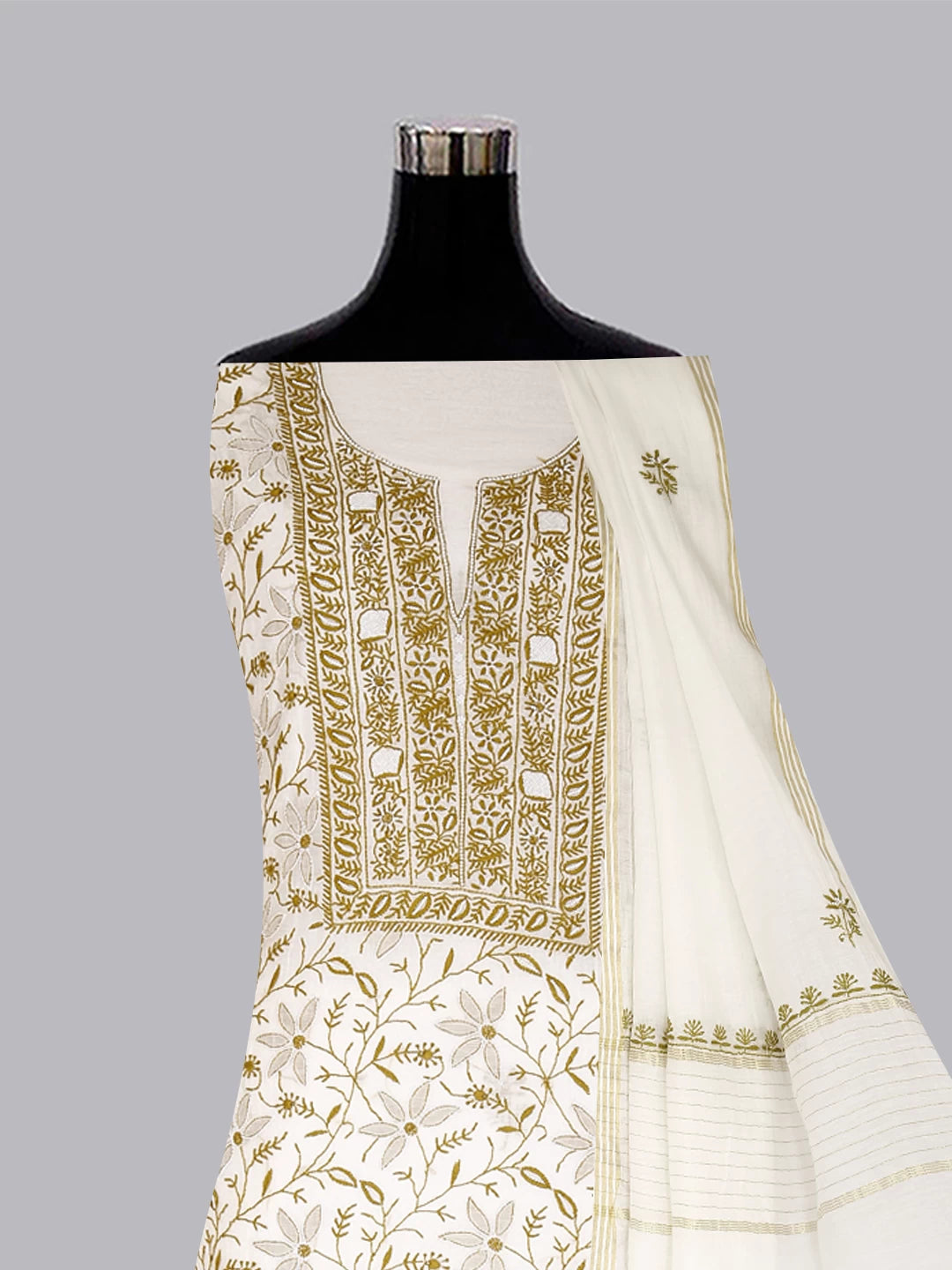 Ada Hand Embroidered Off White Chanderi Lucknowi Chikankari Unstitched Kurta Dupatta Set With Cutdana Work 01A445231