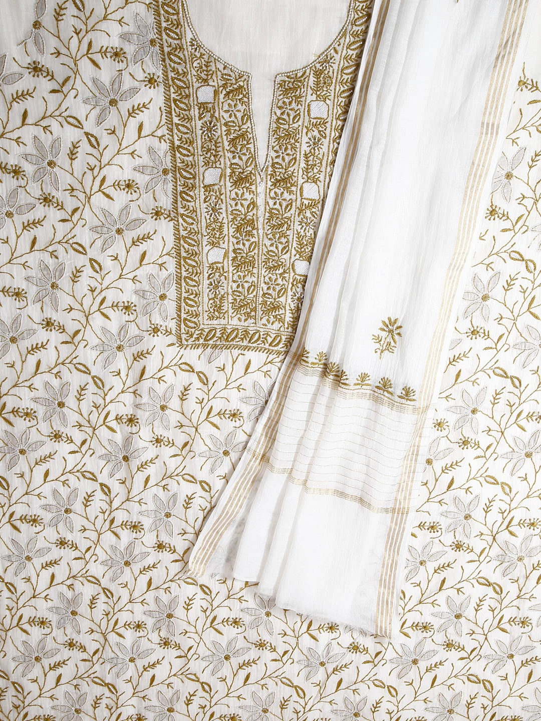 Ada Hand Embroidered Off White Chanderi Lucknowi Chikankari Unstitched Kurta Dupatta Set With Cutdana Work 01A445231