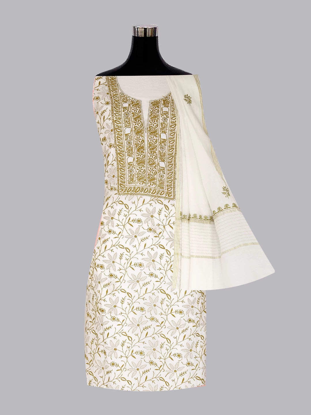 Ada Hand Embroidered Off White Chanderi Lucknowi Chikankari Unstitched Kurta Dupatta Set With Cutdana Work 01A445231