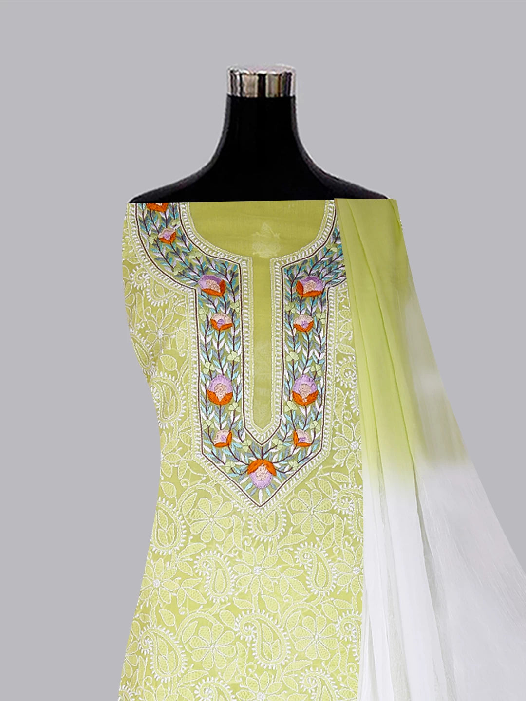 Ada Hand Embroidered Green Cotton Lucknowi Chikankari Unstitched Suit Piece With Parsi Work 01A445282
