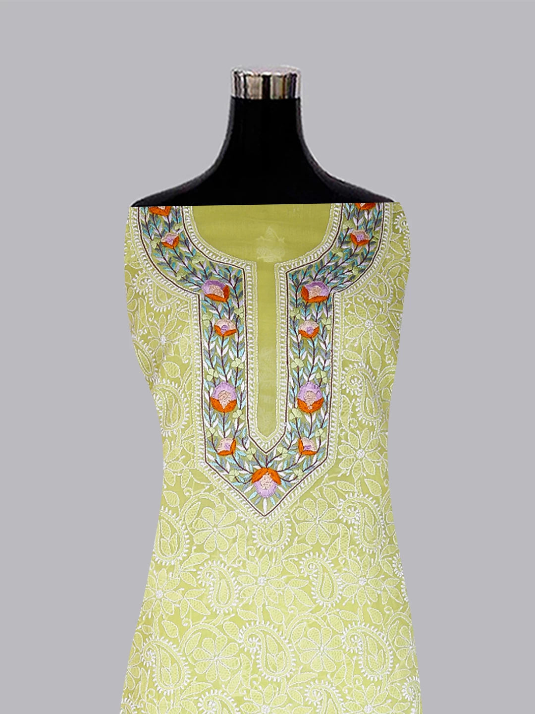Ada Hand Embroidered Green Cotton Lucknowi Chikankari Unstitched Suit Piece With Parsi Work 01A445282