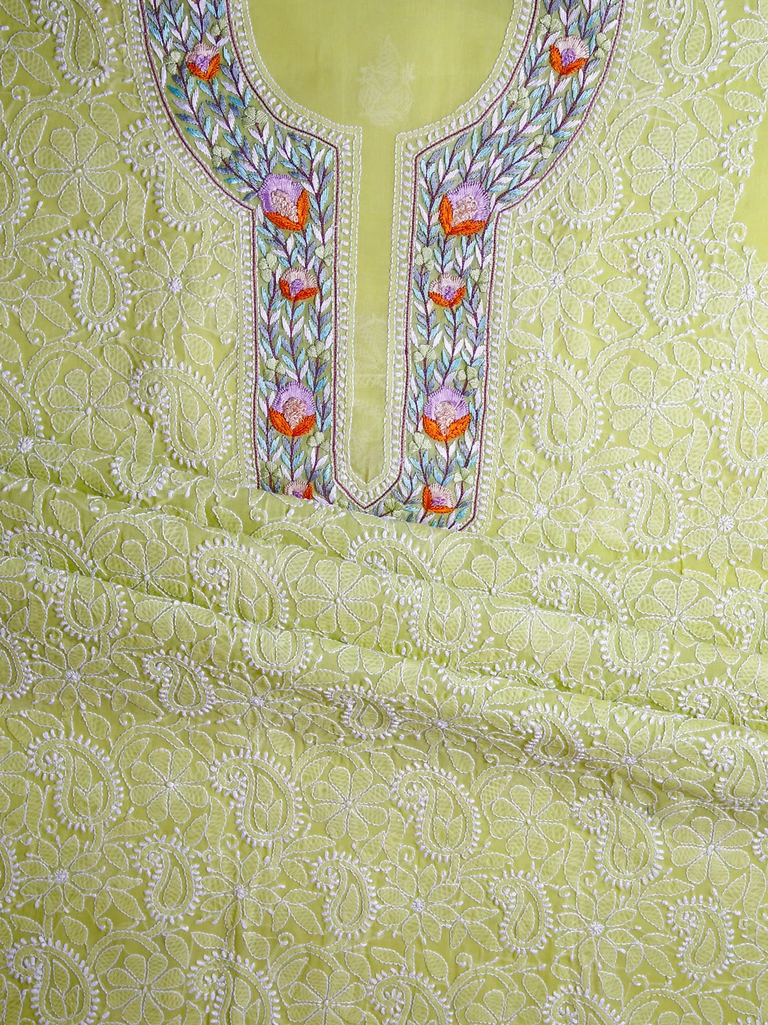 Ada Hand Embroidered Green Cotton Lucknowi Chikankari Unstitched Suit Piece With Parsi Work 01A445282