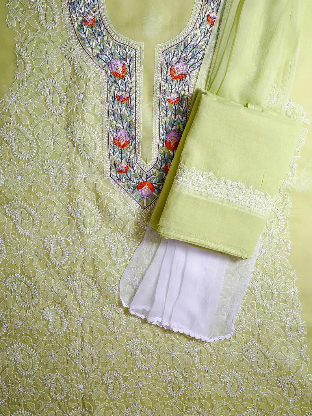 Ada Hand Embroidered Green Cotton Lucknowi Chikankari Unstitched Suit Piece With Parsi Work 01A445282