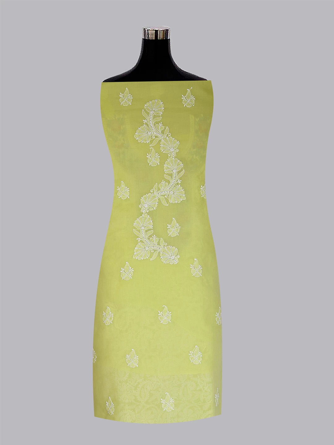 Ada Hand Embroidered Green Cotton Lucknowi Chikankari Unstitched Suit Piece With Parsi Work 01A445282