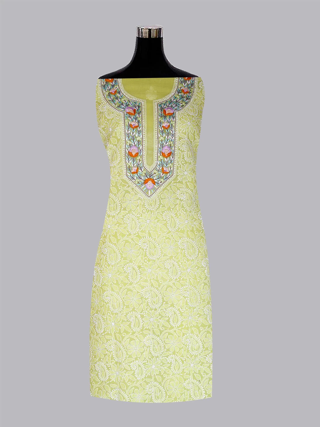 Ada Hand Embroidered Green Cotton Lucknowi Chikankari Unstitched Suit Piece With Parsi Work 01A445282