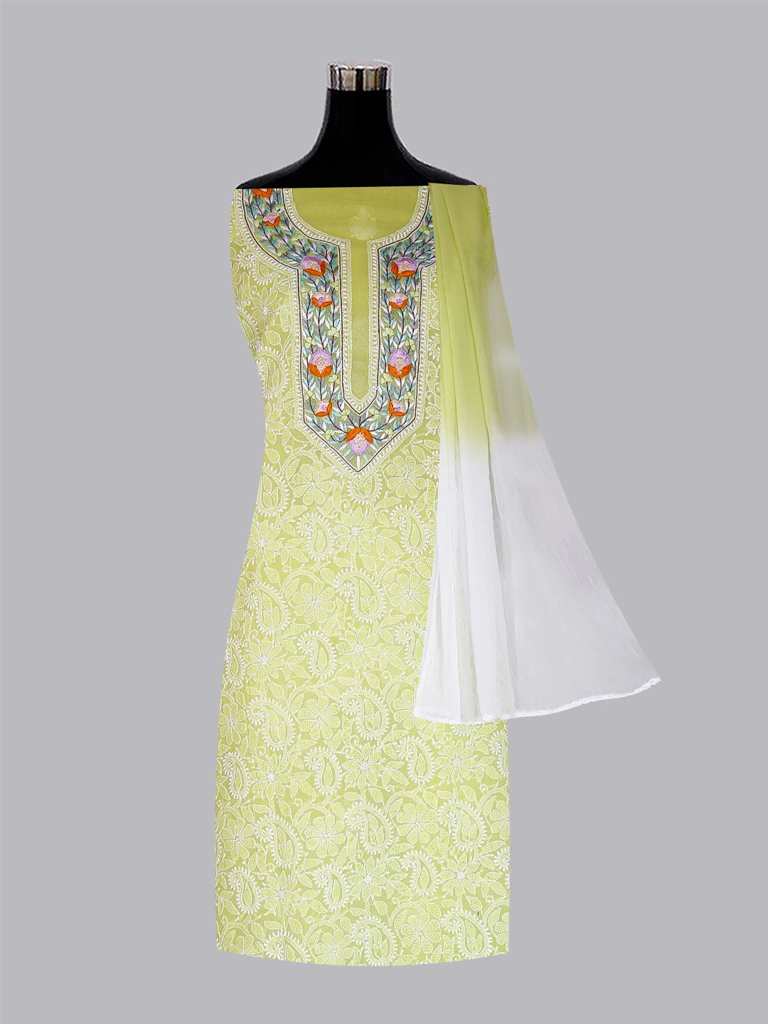 Ada Hand Embroidered Green Cotton Lucknowi Chikankari Unstitched Suit Piece With Parsi Work 01A445282