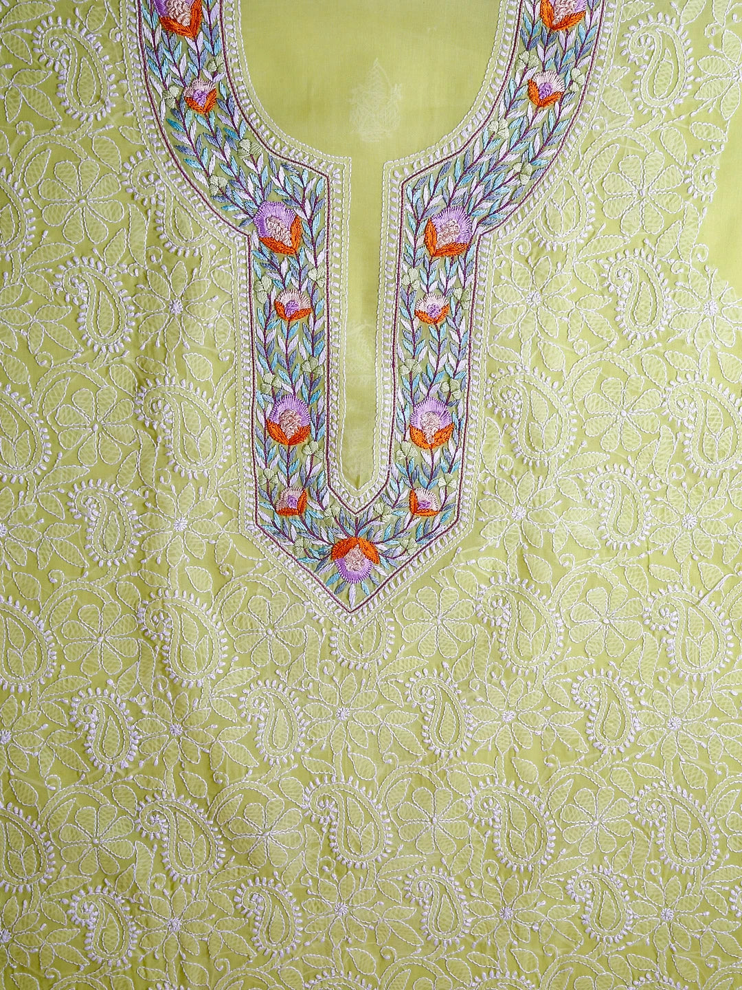 Ada Hand Embroidered Green Cotton Lucknowi Chikankari Unstitched Suit Piece With Parsi Work 01A445282