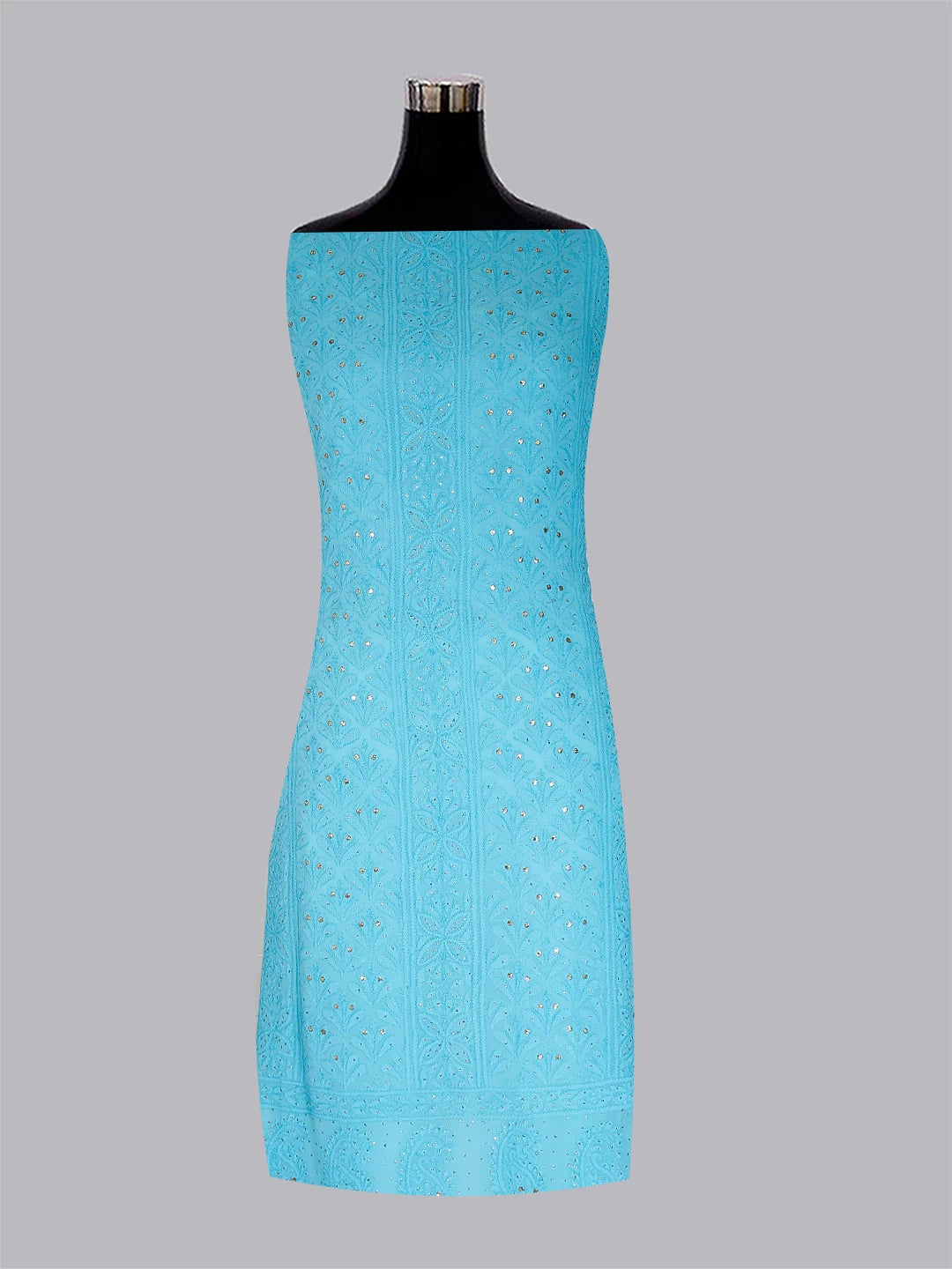 Ada Hand Embroidered Blue Georgette Lucknowi Chikankari Unstitched Kurta Dupatta Set With Muqaish Work 01A255284