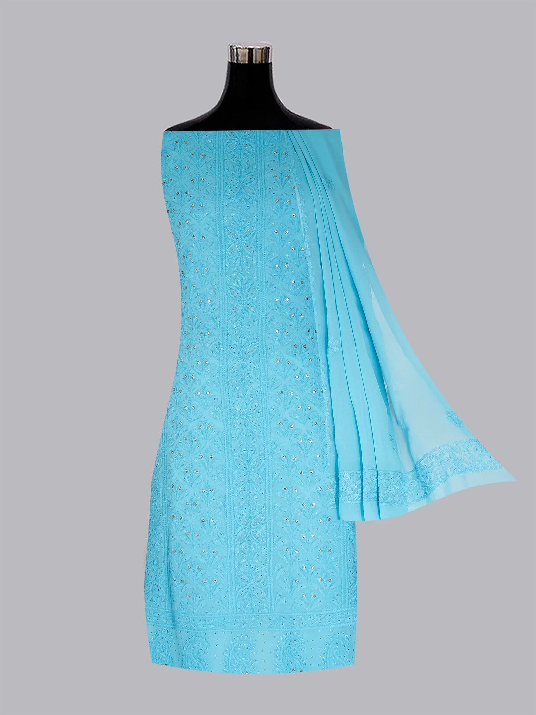 Ada Hand Embroidered Blue Georgette Lucknowi Chikankari Unstitched Kurta Dupatta Set With Muqaish Work 01A255284