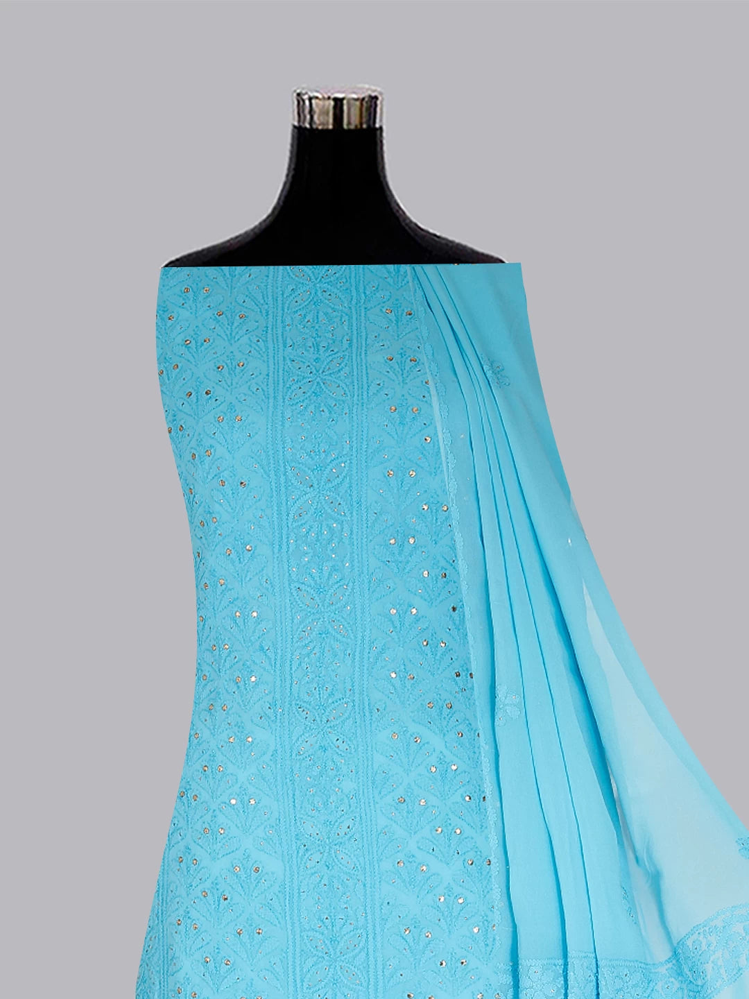 Ada Hand Embroidered Blue Georgette Lucknowi Chikankari Unstitched Kurta Dupatta Set With Muqaish Work 01A255284