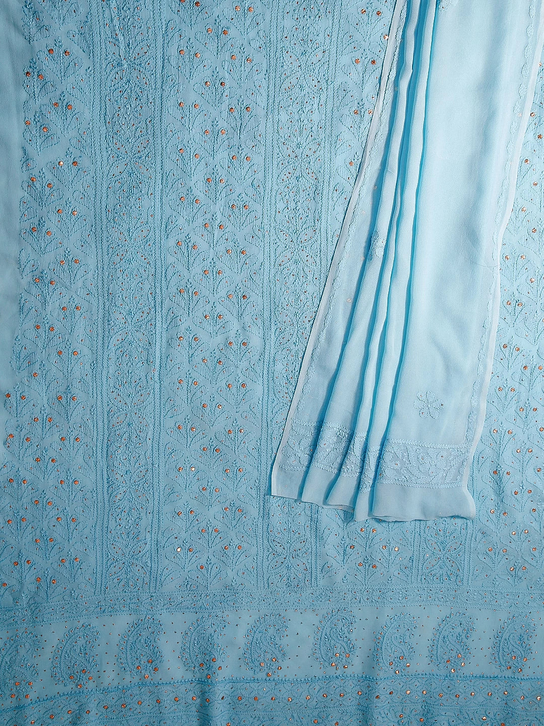 Ada Hand Embroidered Blue Georgette Lucknowi Chikankari Unstitched Kurta Dupatta Set With Muqaish Work 01A255284