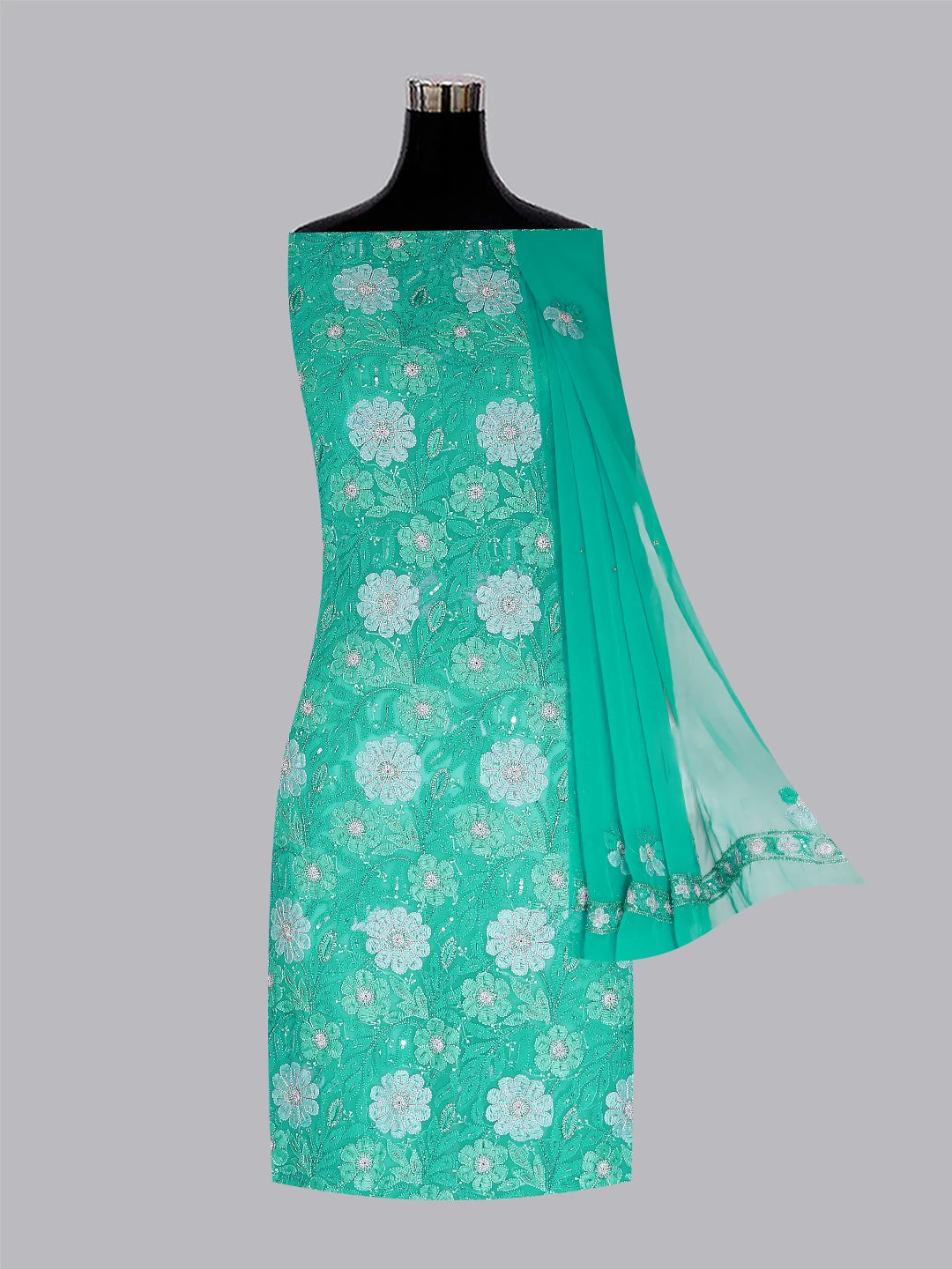 Ada Hand Embroidered Rama Green Georgette Lucknowi Chikankari Unstitched Suit Piece With Cutdana Work 01A354665