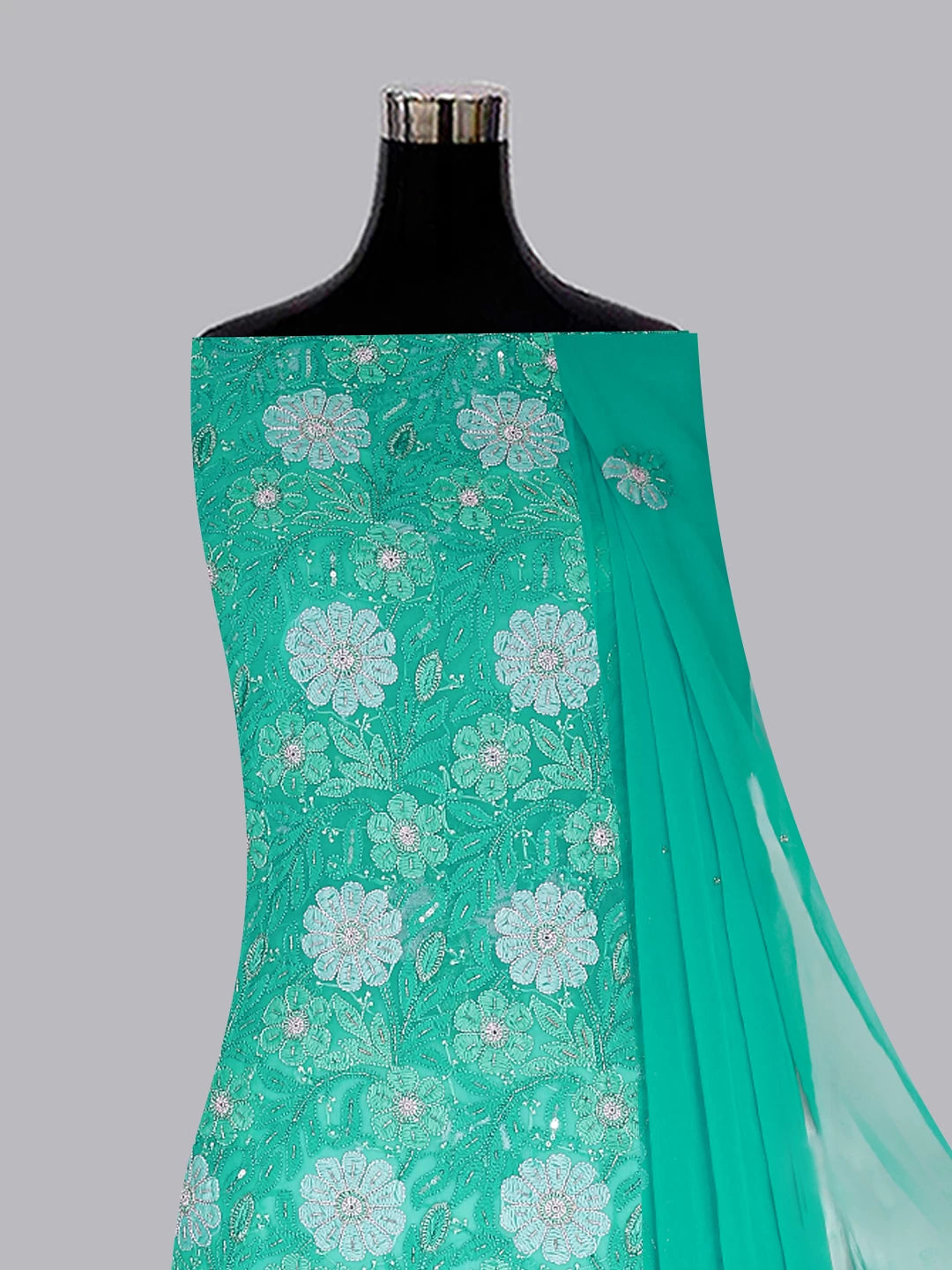 Ada Hand Embroidered Rama Green Georgette Lucknowi Chikankari Unstitched Suit Piece With Cutdana Work 01A354665