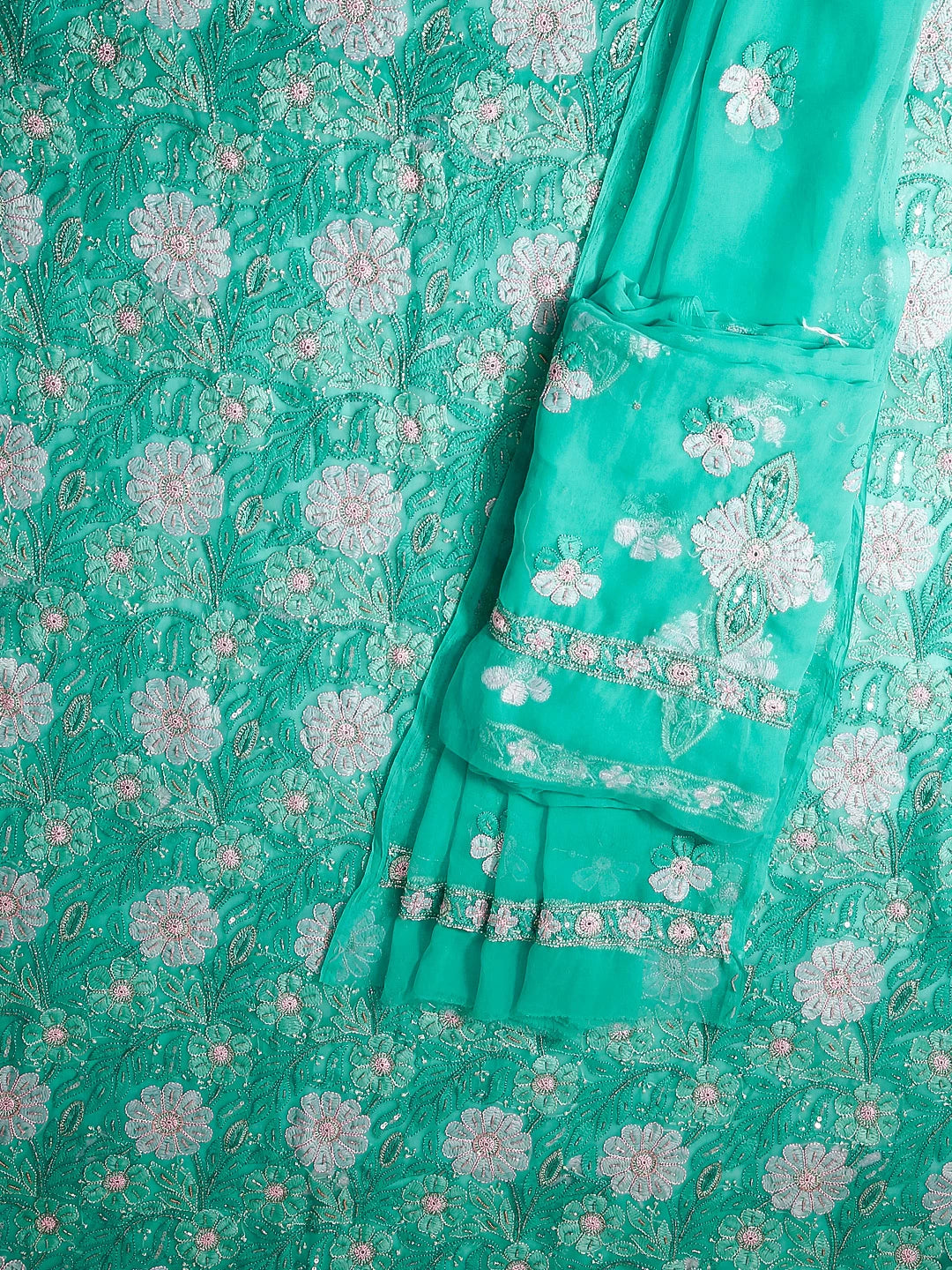 Ada Hand Embroidered Rama Green Georgette Lucknowi Chikankari Unstitched Suit Piece With Cutdana Work 01A354665