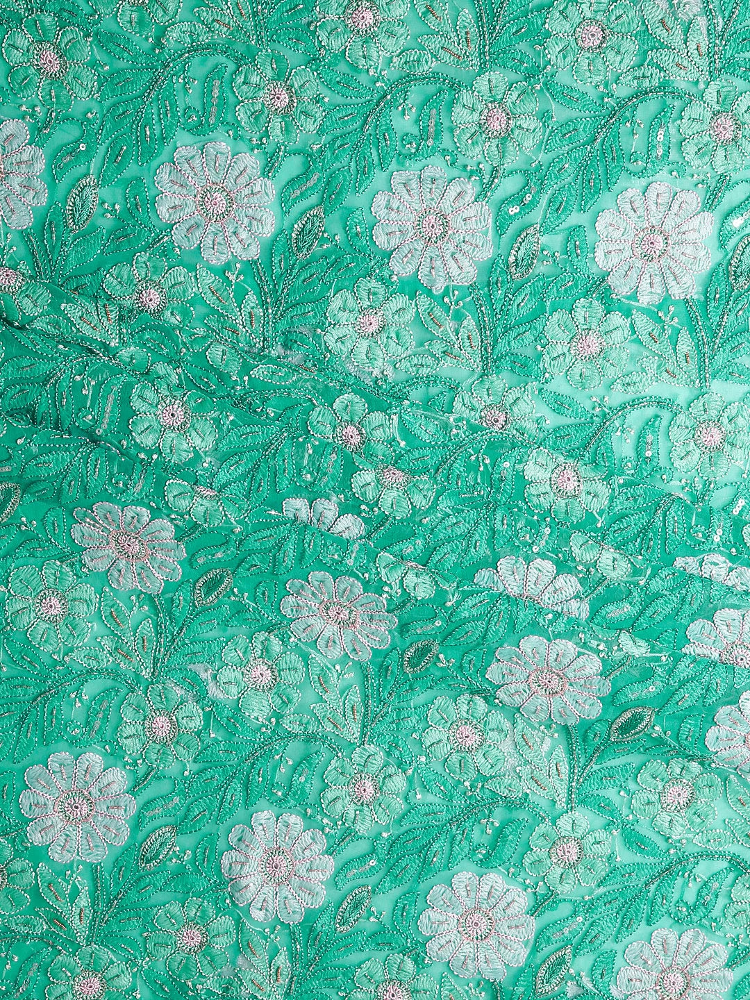 Ada Hand Embroidered Rama Green Georgette Lucknowi Chikankari Unstitched Suit Piece With Cutdana Work 01A354665