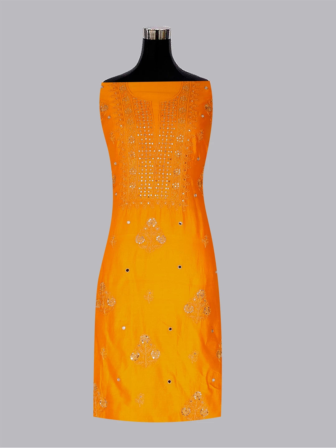 Ada Hand Embroidered Mustard Chanderi Lucknowi Chikankari Unstitched Kurta Dupatta Set With Zari Work 01A365956