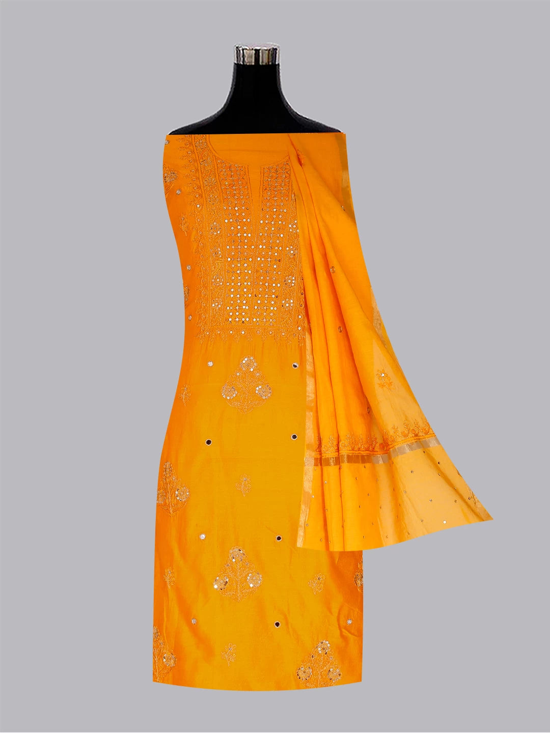 Ada Hand Embroidered Mustard Chanderi Lucknowi Chikankari Unstitched Kurta Dupatta Set With Zari Work 01A365956