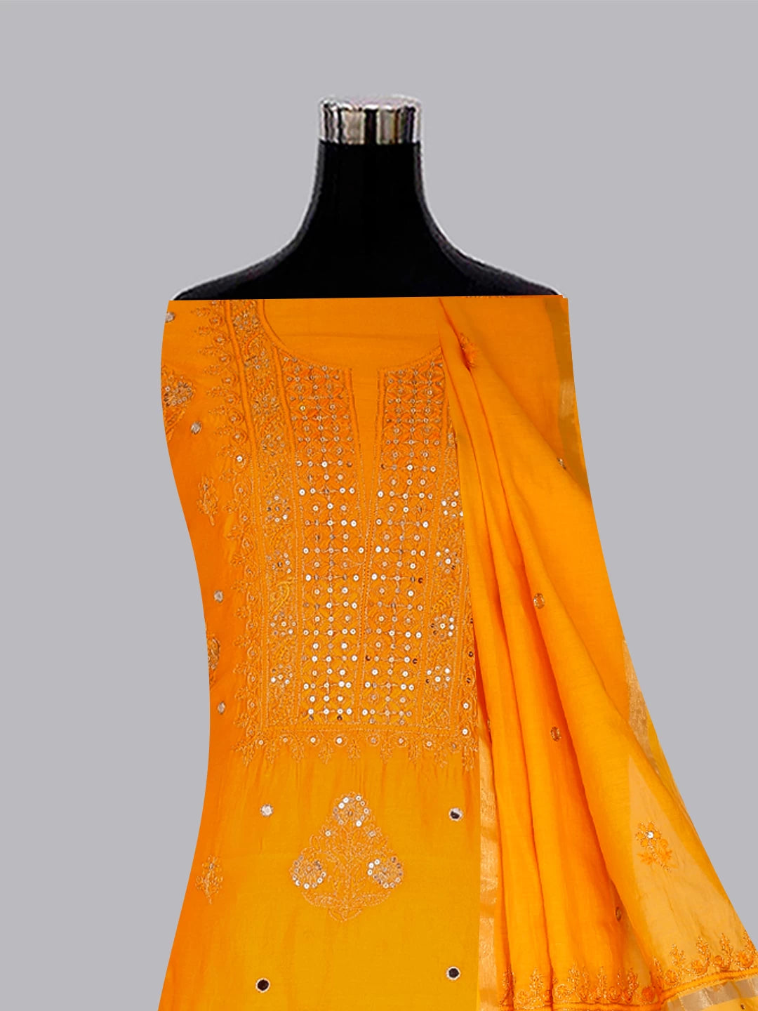 Ada Hand Embroidered Mustard Chanderi Lucknowi Chikankari Unstitched Kurta Dupatta Set With Zari Work 01A365956