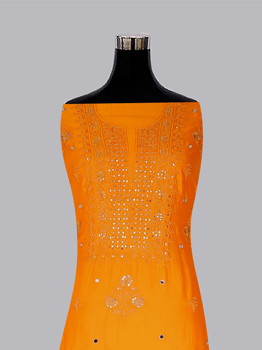 Ada Hand Embroidered Mustard Chanderi Lucknowi Chikankari Unstitched Kurta Dupatta Set With Zari Work 01A365956