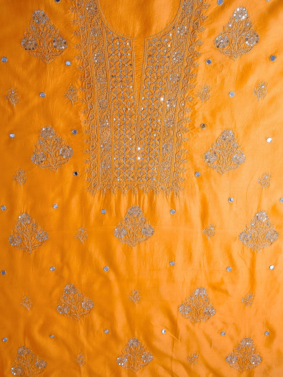 Ada Hand Embroidered Mustard Chanderi Lucknowi Chikankari Unstitched Kurta Dupatta Set With Zari Work 01A365956