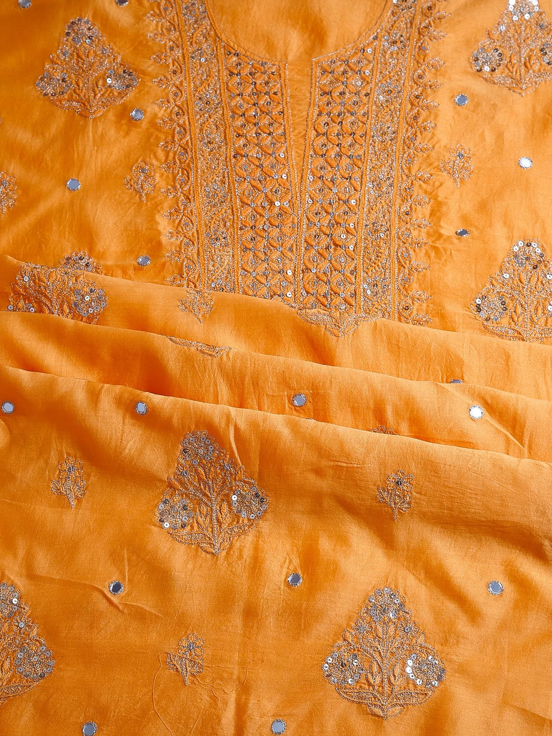 Ada Hand Embroidered Mustard Chanderi Lucknowi Chikankari Unstitched Kurta Dupatta Set With Zari Work 01A365956