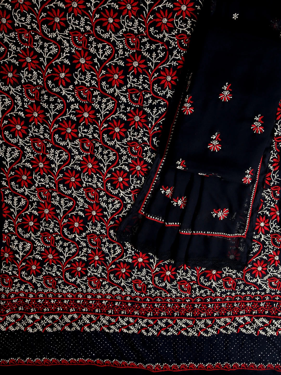 Ada Hand Embroidered Black Georgette Lucknowi Chikankari Unstitched Suit Piece With Mukaish Work 01A309107