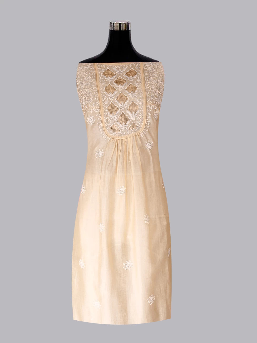 Ada Hand Embroidered Natural Beige Chanderi Lucknowi Chikankari Semi-stitched Kurta Dupatta Set With Zari Work 01A122073
