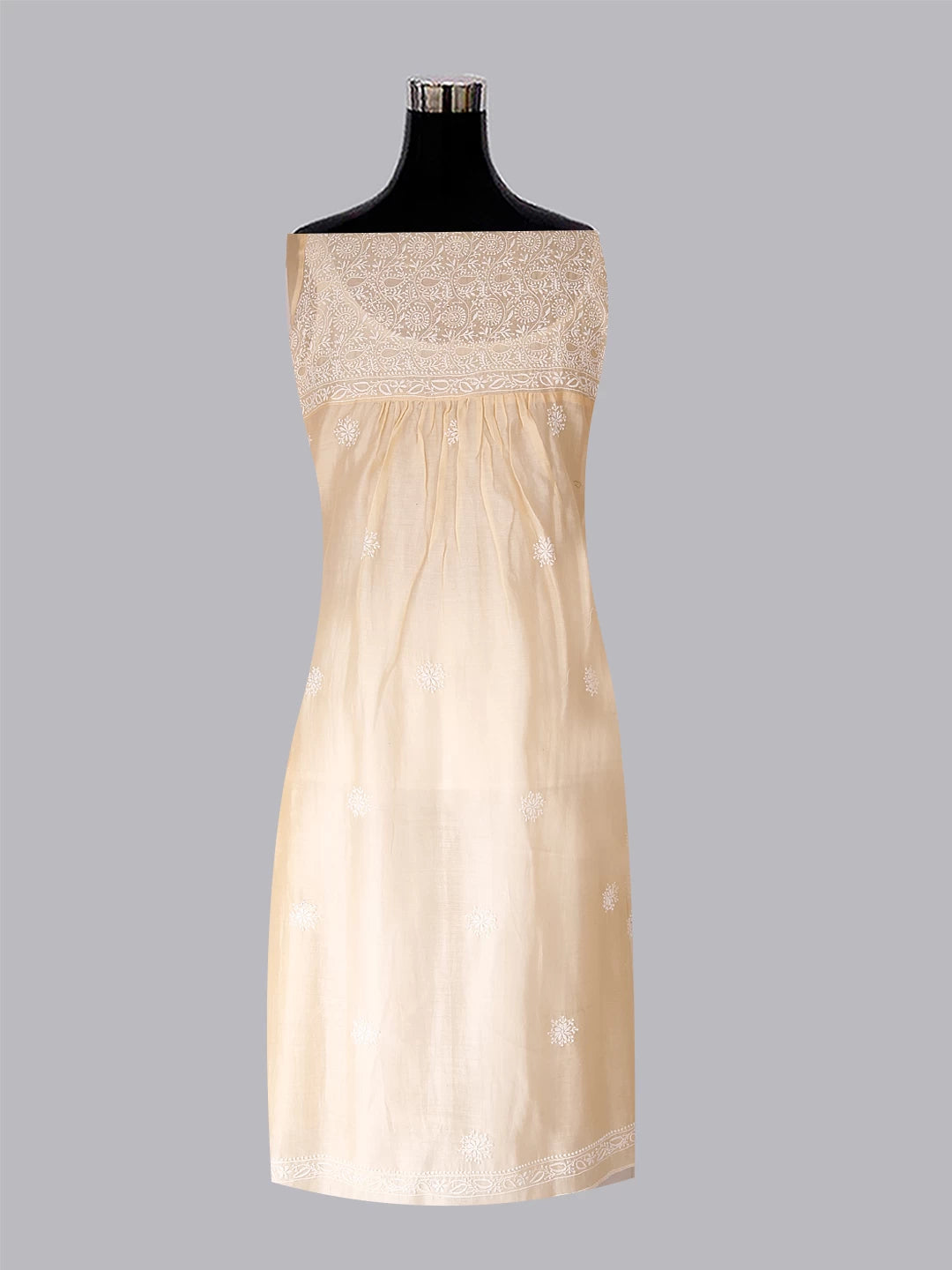 Ada Hand Embroidered Natural Beige Chanderi Lucknowi Chikankari Semi-stitched Kurta Dupatta Set With Zari Work 01A122073