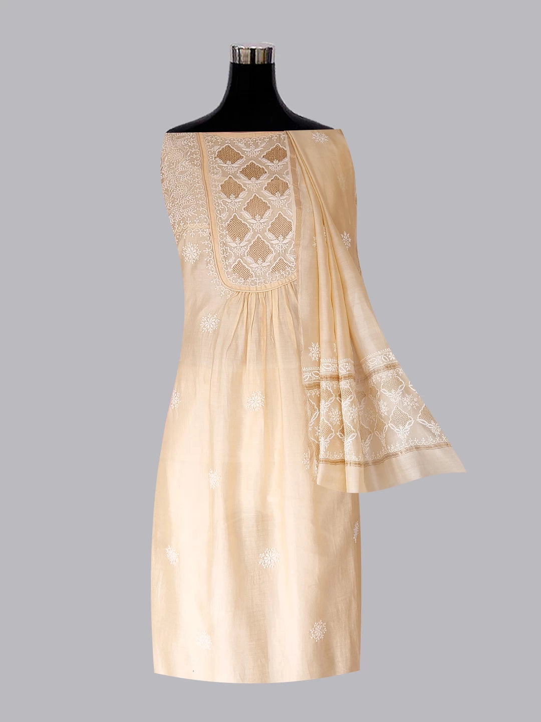 Ada Hand Embroidered Natural Beige Chanderi Lucknowi Chikankari Semi-stitched Kurta Dupatta Set With Zari Work 01A122073