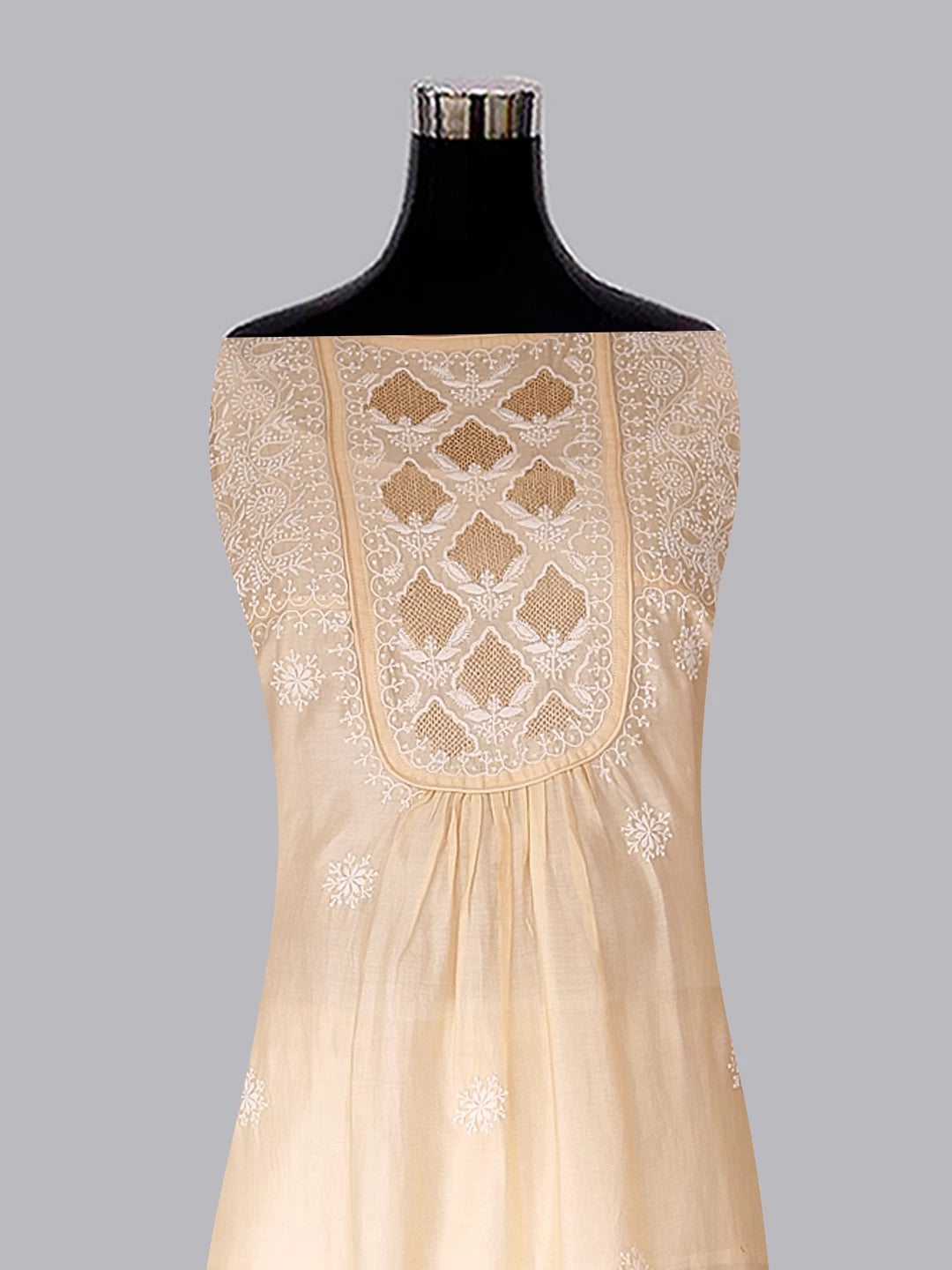 Ada Hand Embroidered Natural Beige Chanderi Lucknowi Chikankari Semi-stitched Kurta Dupatta Set With Zari Work 01A122073