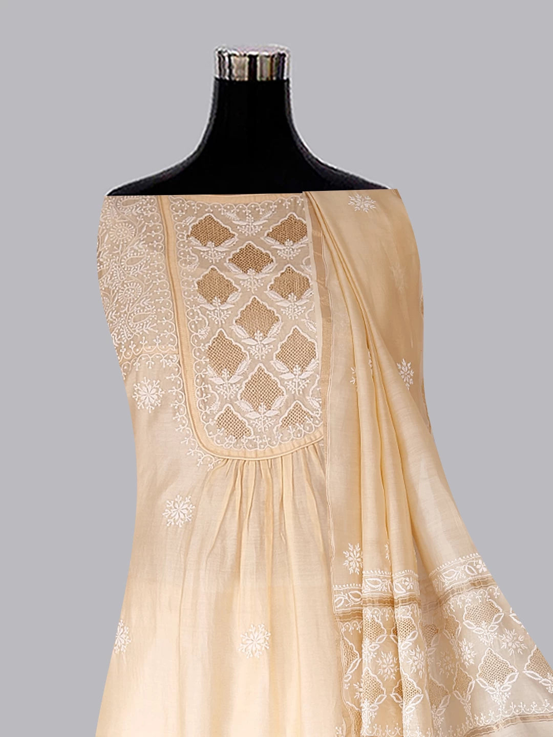 Ada Hand Embroidered Natural Beige Chanderi Lucknowi Chikankari Semi-stitched Kurta Dupatta Set With Zari Work 01A122073