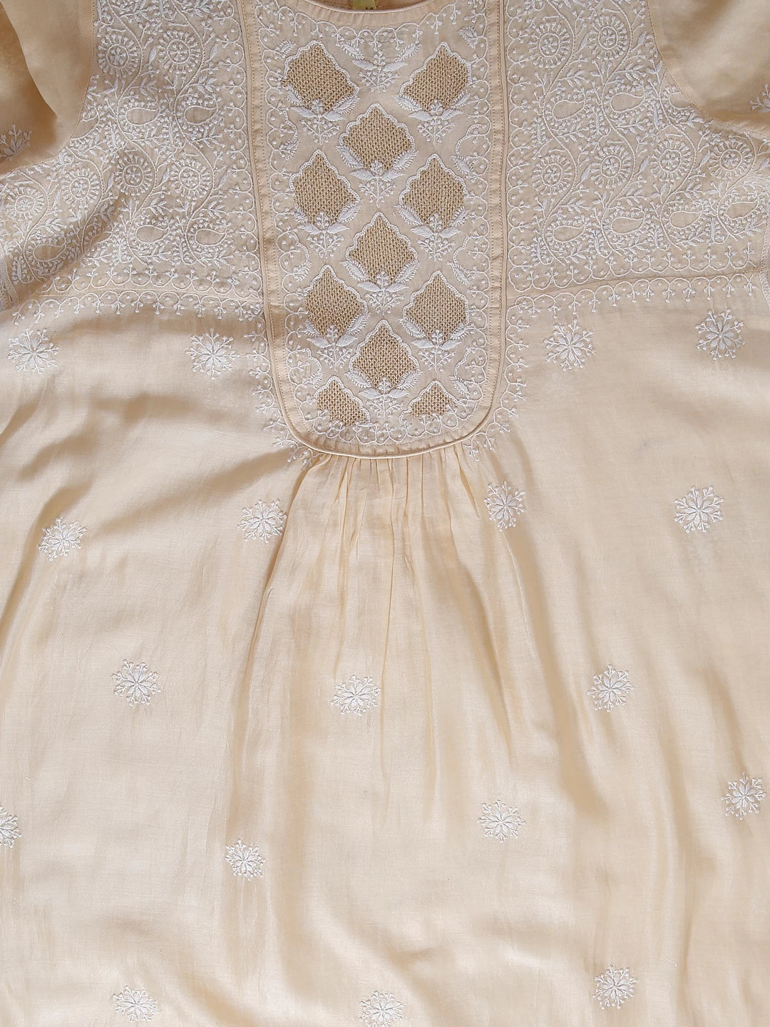 Ada Hand Embroidered Natural Beige Chanderi Lucknowi Chikankari Semi-stitched Kurta Dupatta Set With Zari Work 01A122073