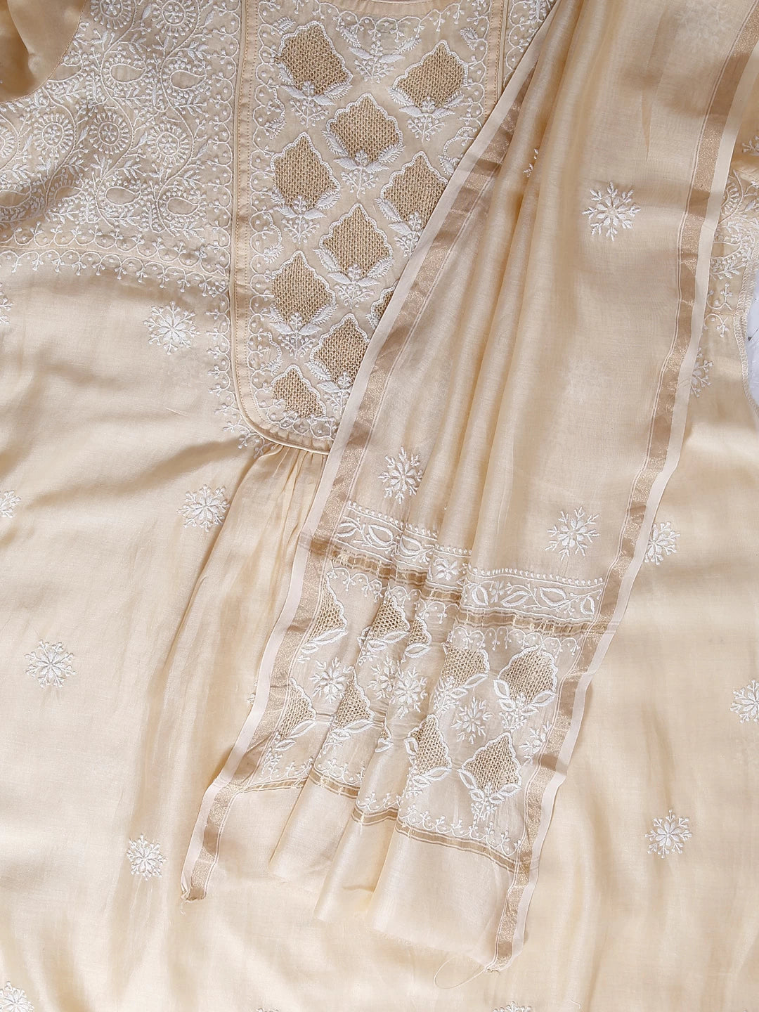 Ada Hand Embroidered Natural Beige Chanderi Lucknowi Chikankari Semi-stitched Kurta Dupatta Set With Zari Work 01A122073