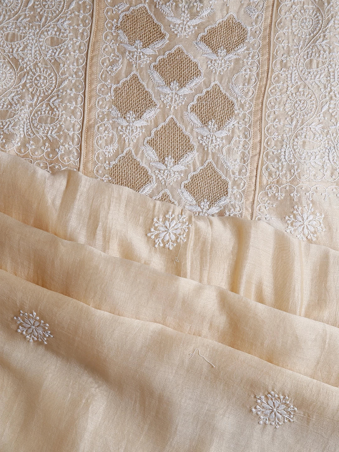 Ada Hand Embroidered Natural Beige Chanderi Lucknowi Chikankari Semi-stitched Kurta Dupatta Set With Zari Work 01A122073