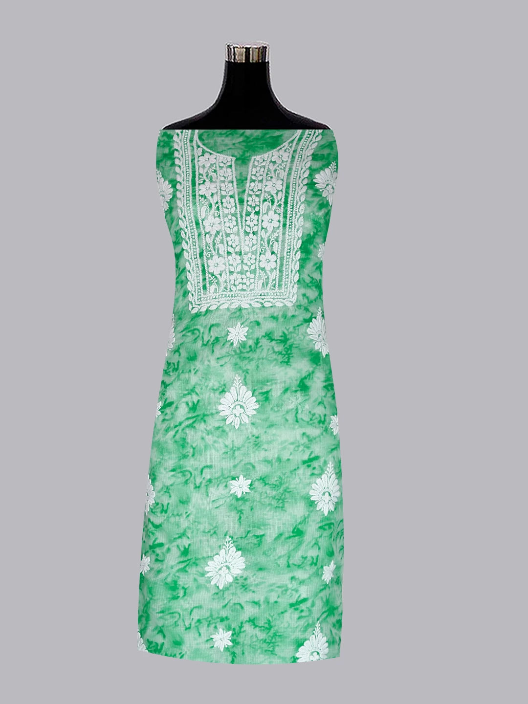 Ada Hand Embroidered Green Kota Silk Lucknowi Chikankari Unstitched Kurta Dupatta Set 01A389456