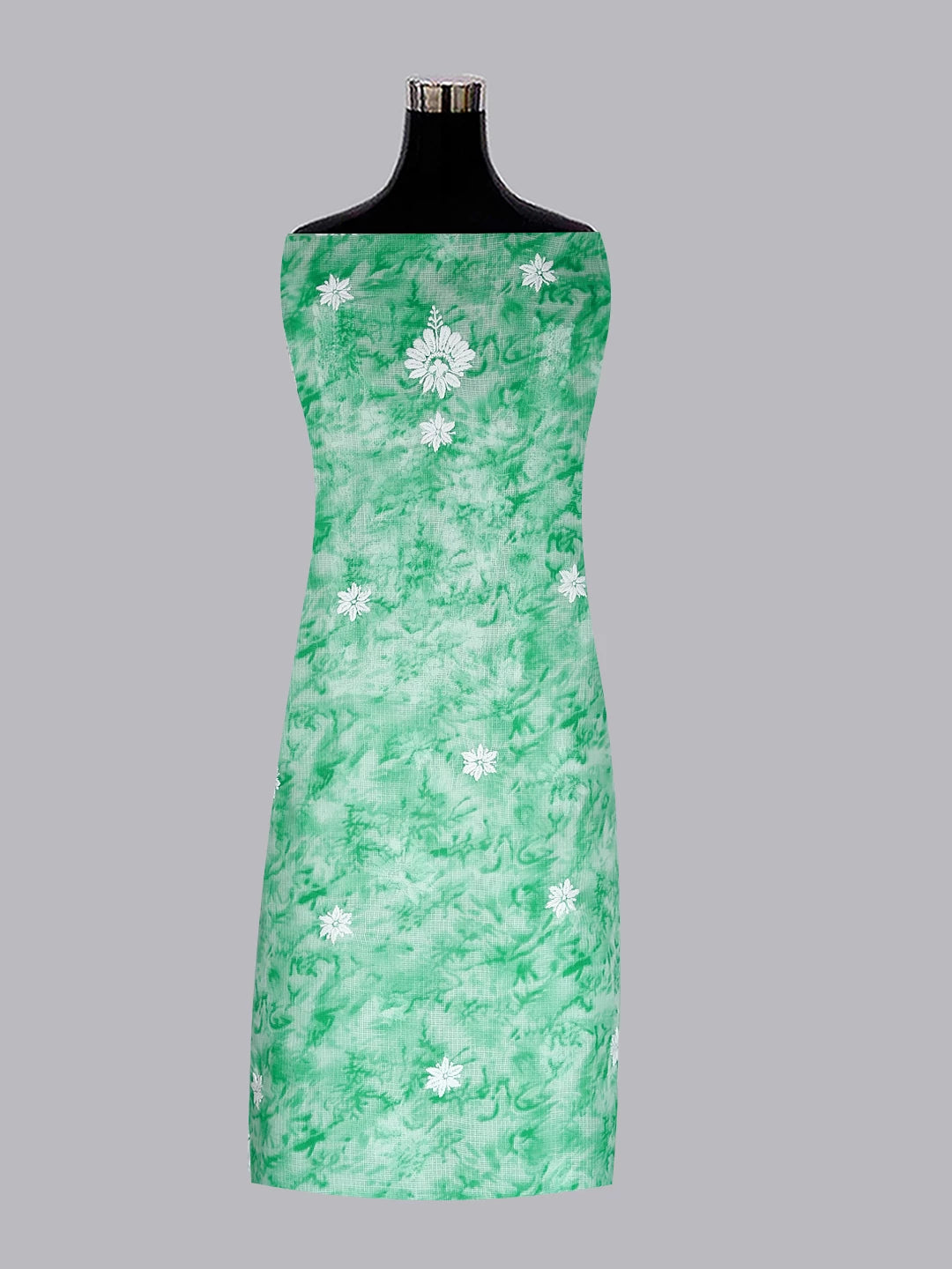 Ada Hand Embroidered Green Kota Silk Lucknowi Chikankari Unstitched Kurta Dupatta Set 01A389456